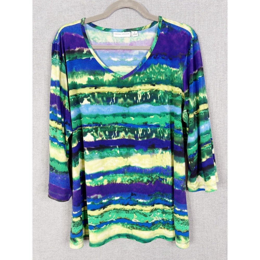 Susan Graver Top Womens XL Blue Green Striped Liquid Knit Watercolor V-Neck XL